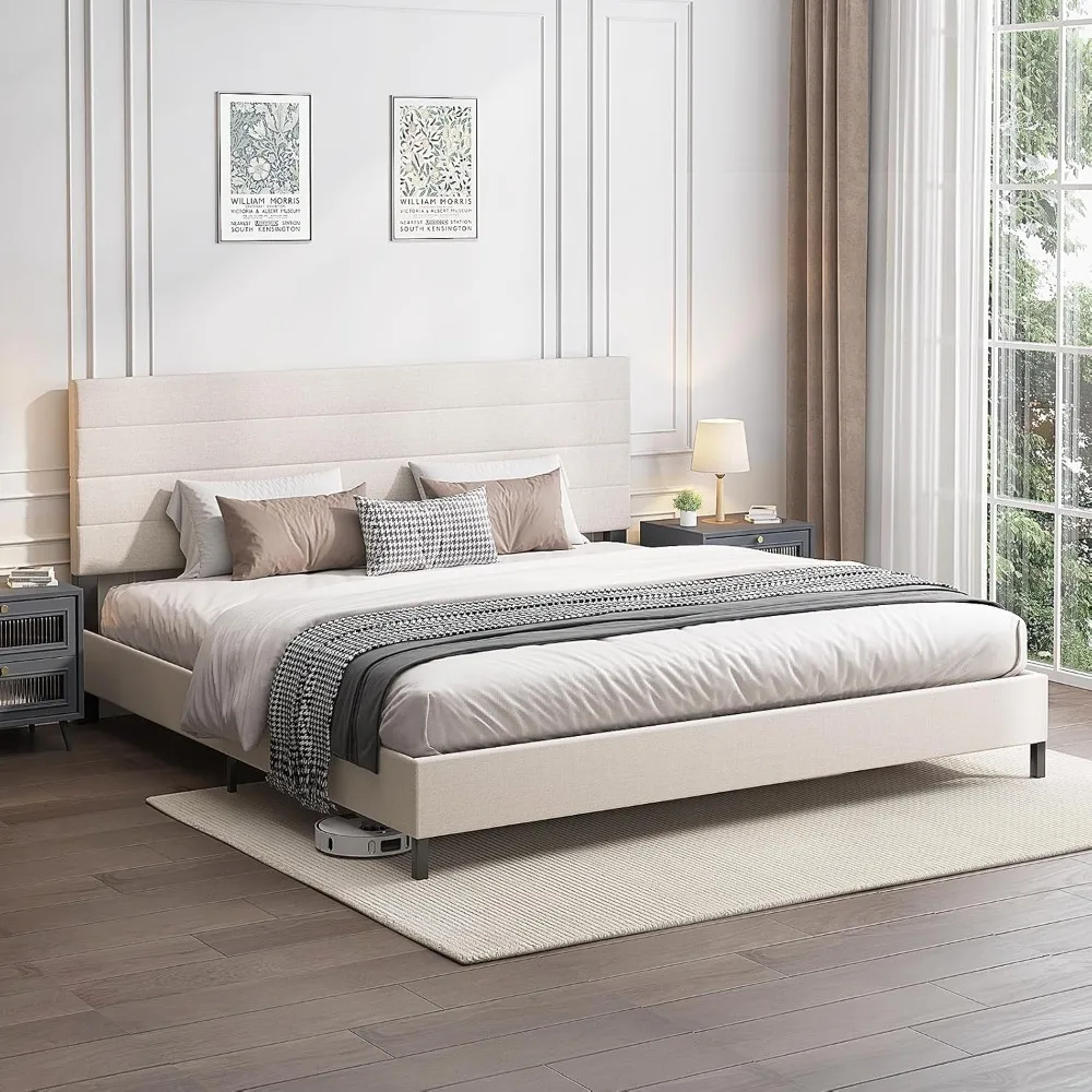 إطار سرير بحجم كينج، إطار سرير منجد حديث مع لوح رأسي من الكتان قابل للتعديل، منصة دعم شرائح خشبية، بدون صندوق Sp #3