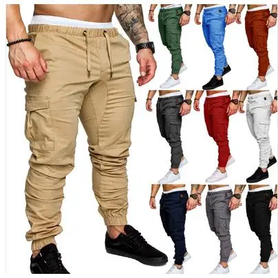

Men's Casual Cotton Trousers Multi-ket Workwear Long Pants Tight Fit mid Waist Belt Loop i Color Pattern