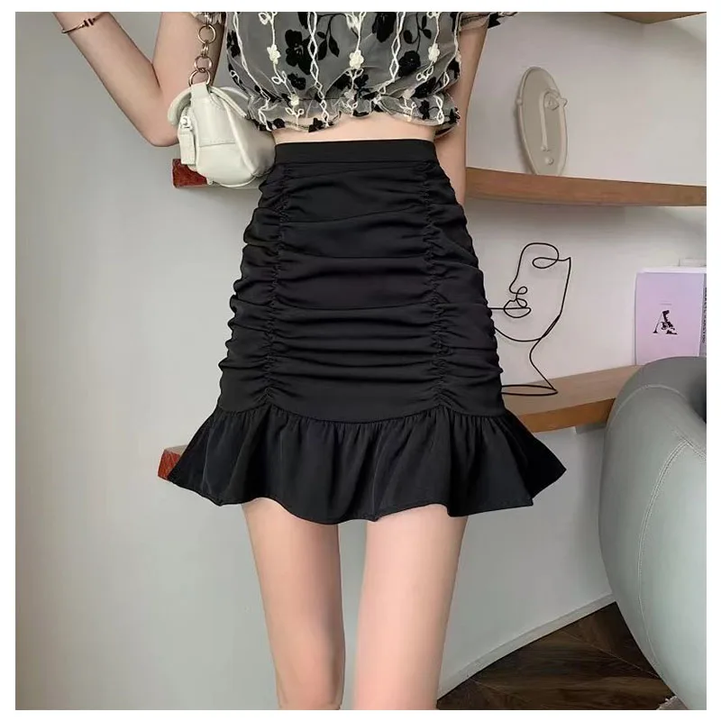 

Summer High Waist Half Skirt Women Fishtail Skirt Female Pleated Black White Wrapped Hip Short Skirts Anti Glare Sexy Girls