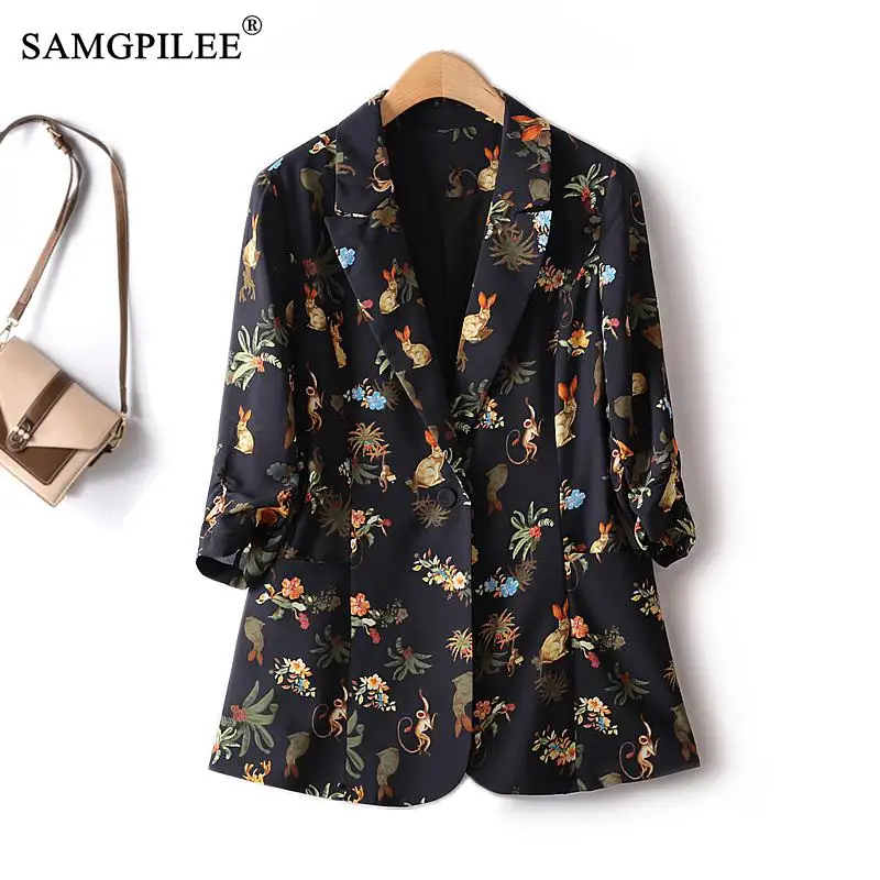 

Women's Blazer Tailoring Chiffon Silk Printed Rabbit Figure Waist Single Button Turn Down Collar Chic And Elegant Woman Jacket