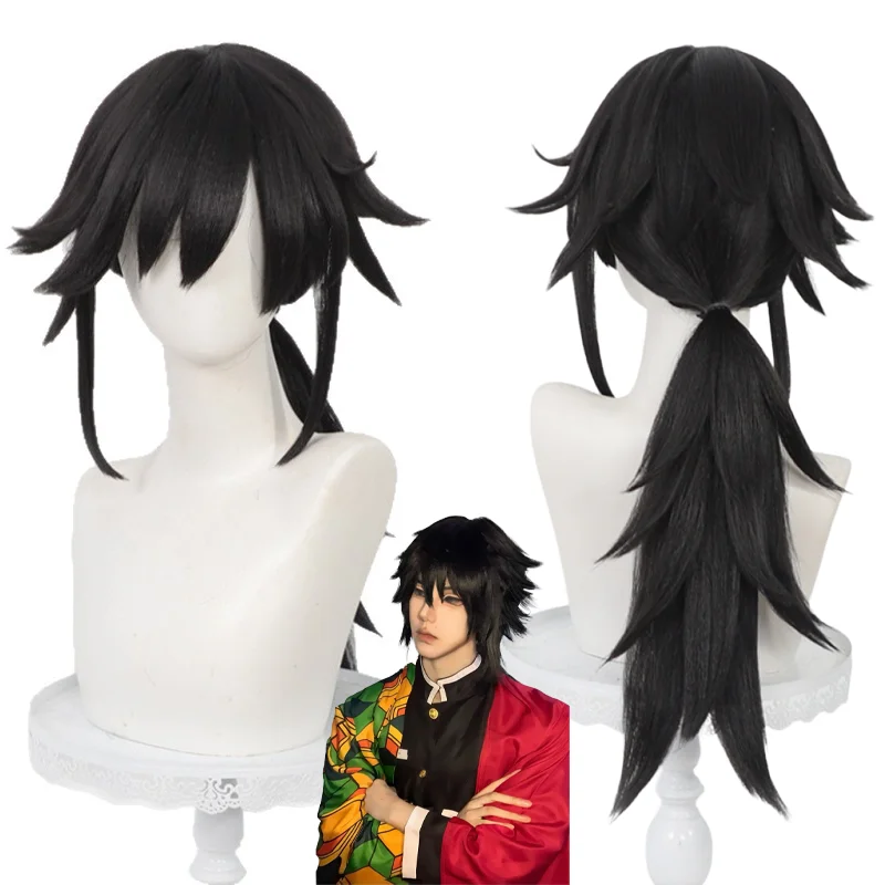 

Unisex Giyuu Tomioka Cosplay Wig Black Layered Low Ponytail Styled Heat Resistant Synthetic Hair for Halloween Comic Con Party