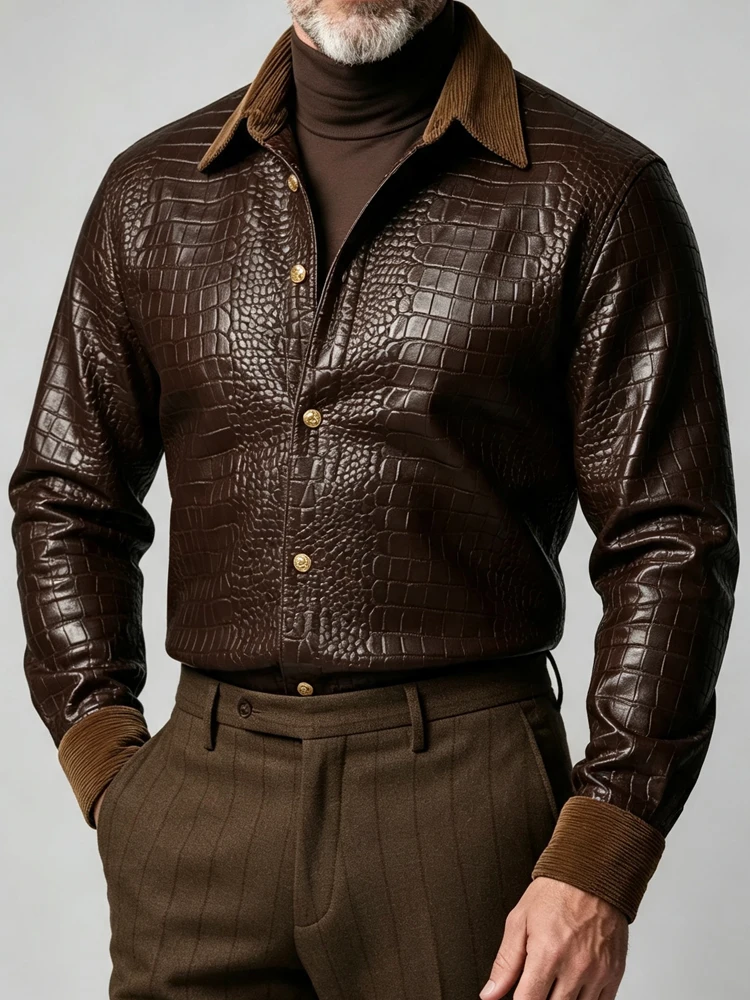 Men's Brown Croc Embossed Leather Shirt Jacket Fashion Collar Single Breasted Long Sleeve Casual Office Formal Business Shacket