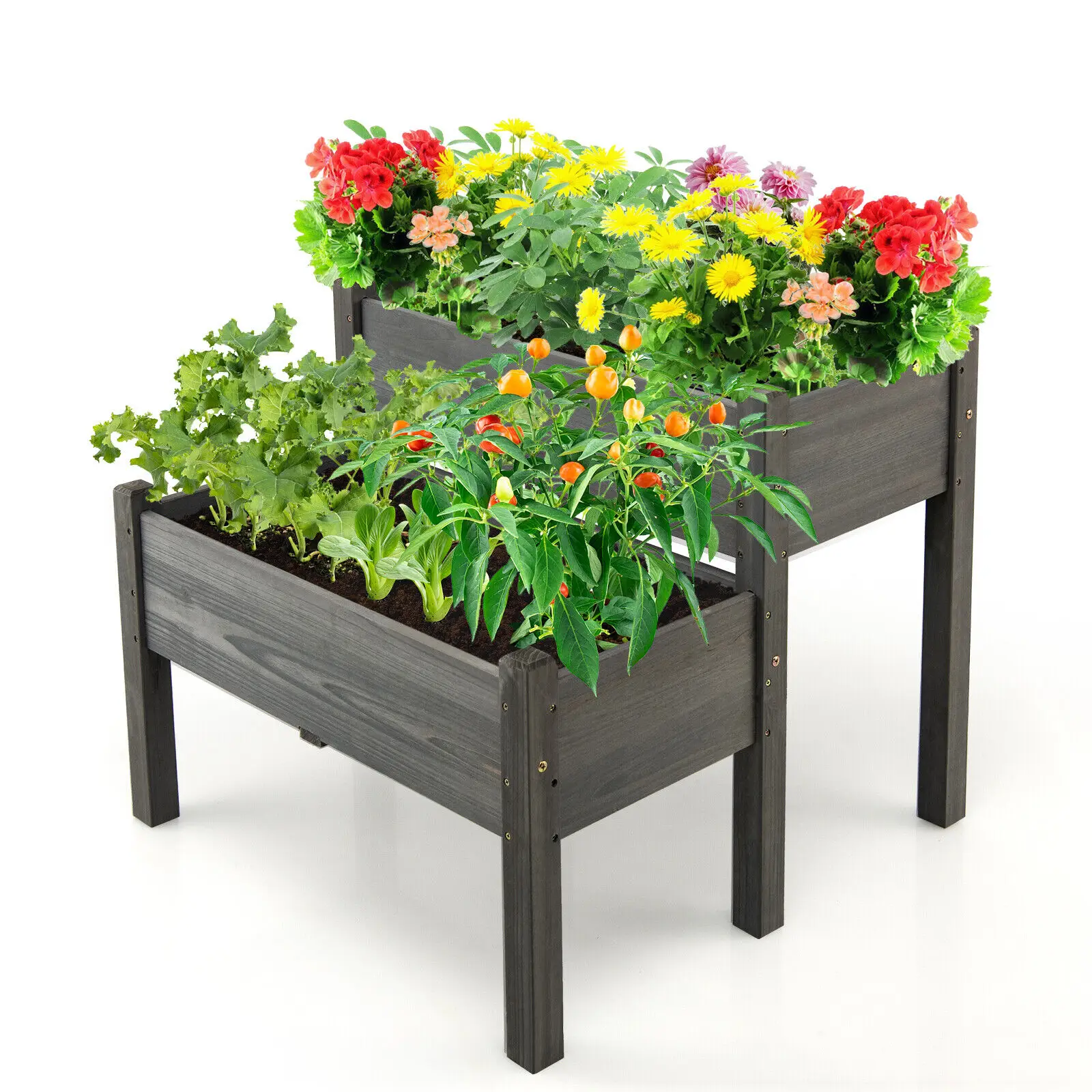 2 Tier Wooden Raised Garden Bed Elevated Planter Box w/Legs Drain Holes