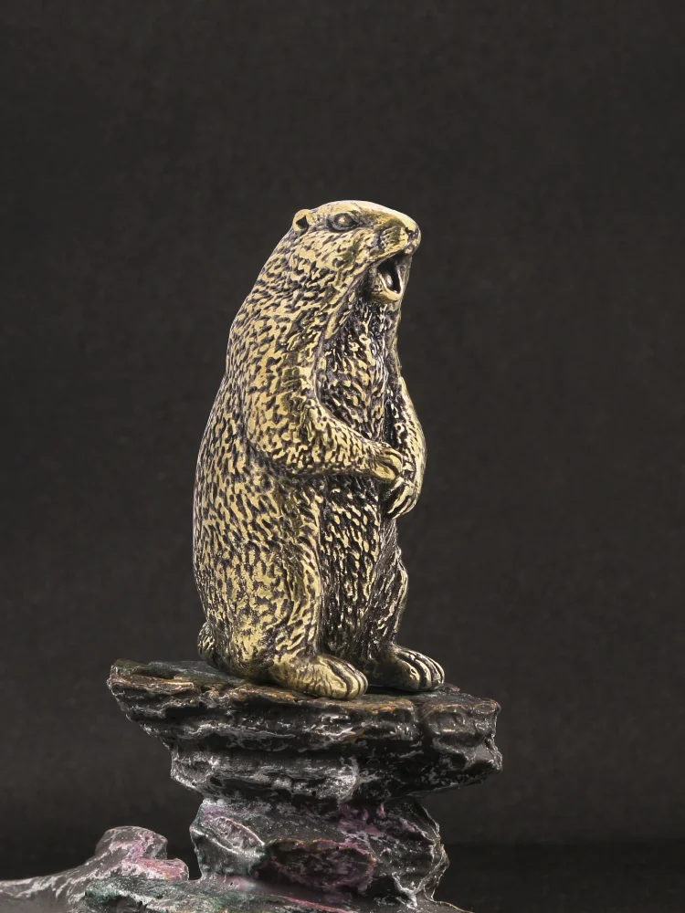 H7cm  Solid Brass Marmot Statue Figurine Screaming Groundhog Animal Sculpture Desktop Decor Craft Collectible Gift