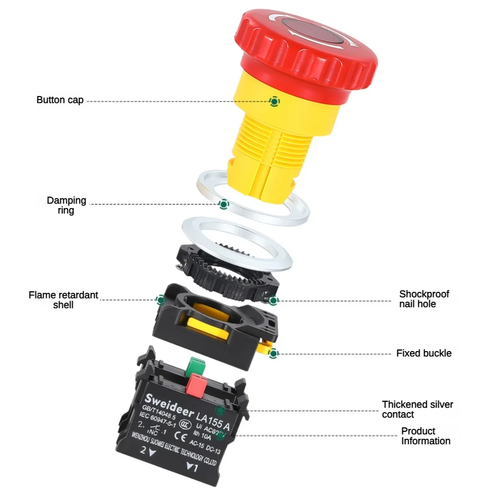 Emergency Stop Push Button Switch Mushroom Head Power Switch Control Electrical Starter 10A with Light 12V220V24V 30MM Buttons