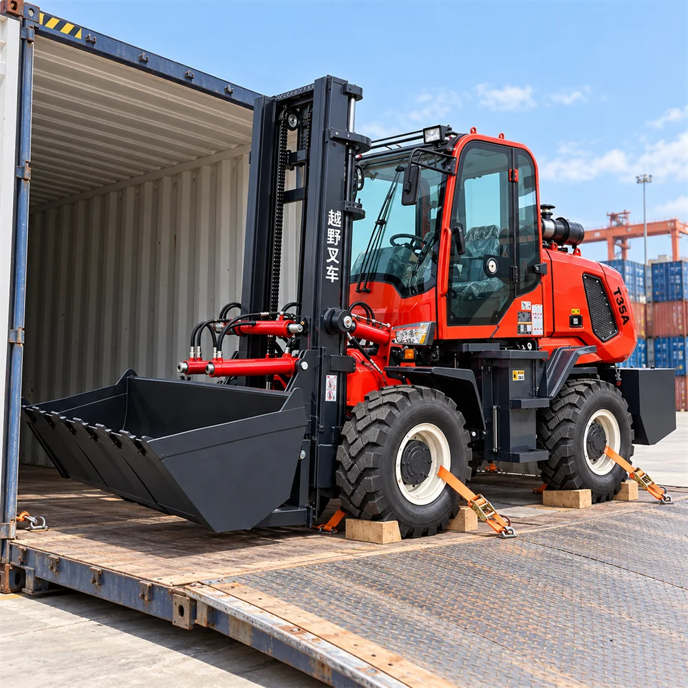Rough Terrain 4WD Forklift 3.5 Ton with Large Off Road Tires and Loader Bucket for Rural Infrastructure Construction