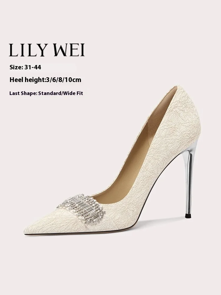 

Spring new shallow cloth rhinestones low-heeled wedding shoes thin high-heeled banquet dress large size small size women's shoes