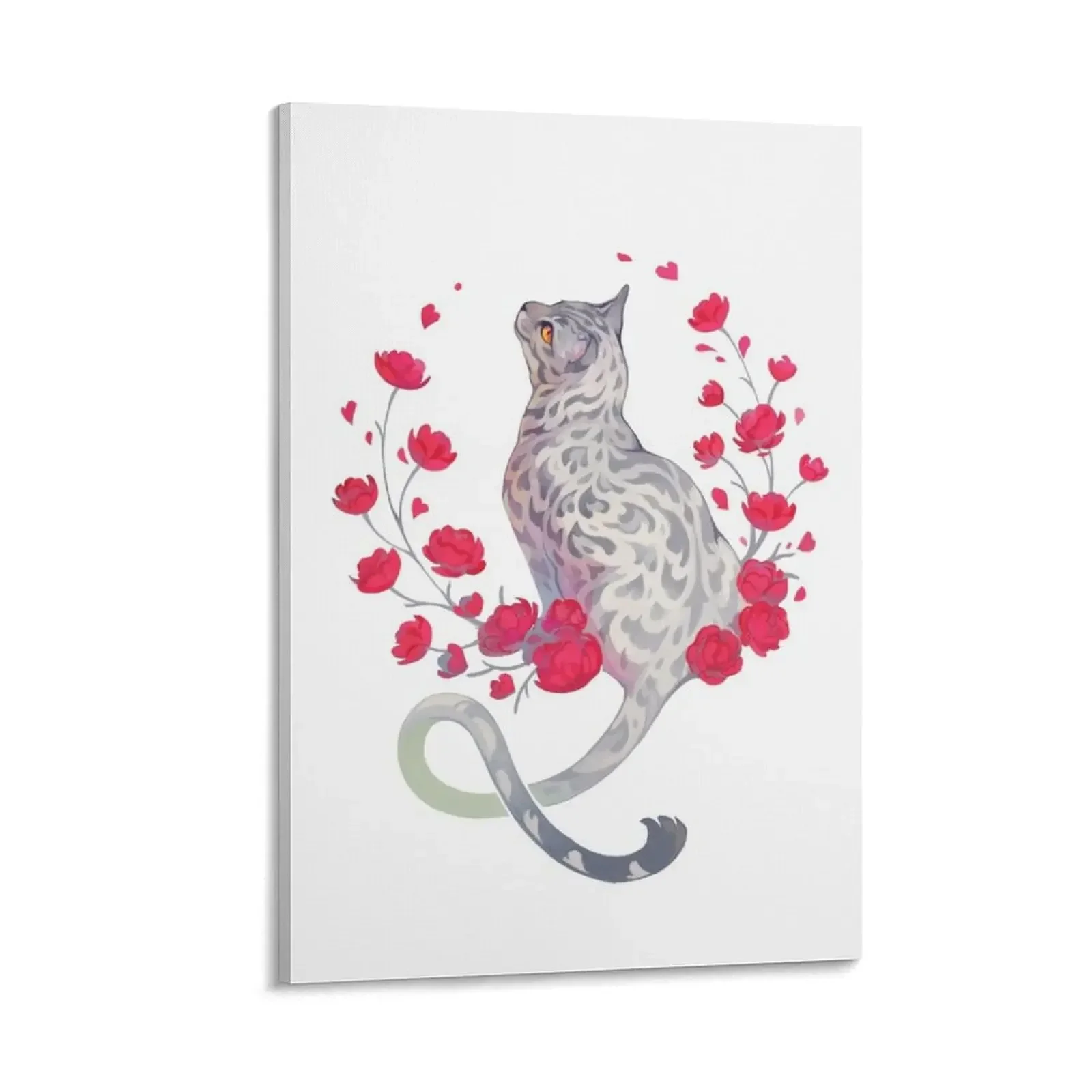 

Silver bengal cat with red flowers Canvas Painting posters decorative wall canvases wall decor room decorations aesthetic