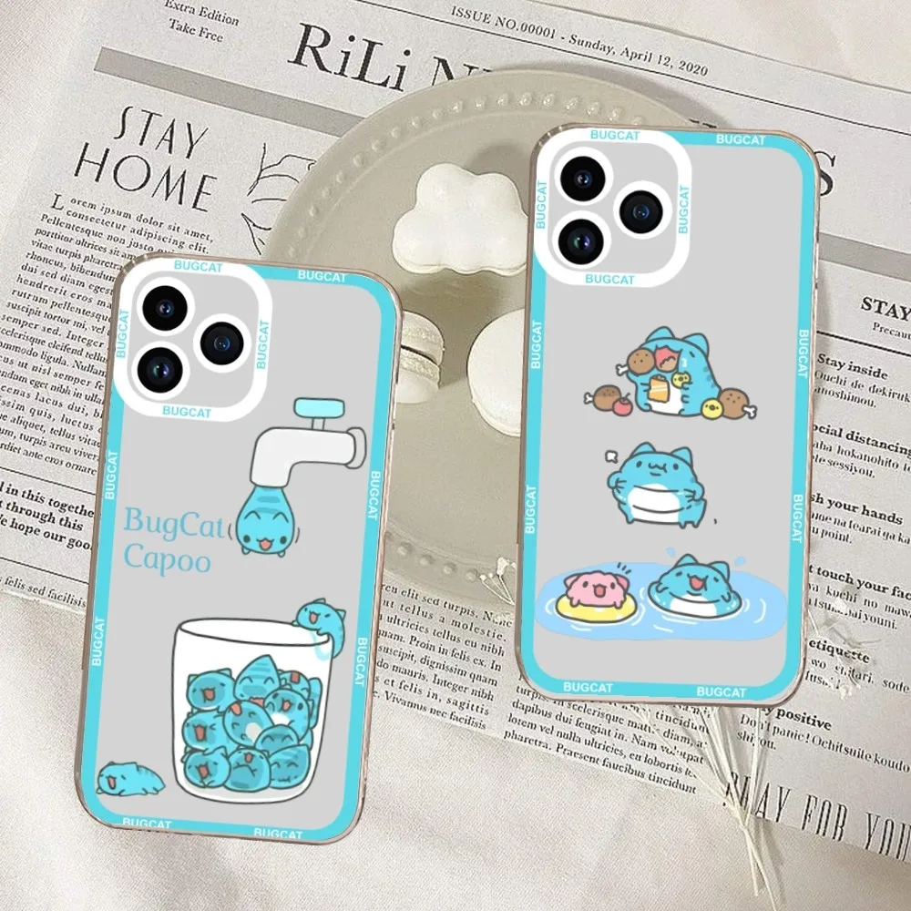 Cute Cartoon Cat Bugcat Capoo Phone Case For iPhone 11 12 Mini 13 14 15 Pro Max Transparent Shell