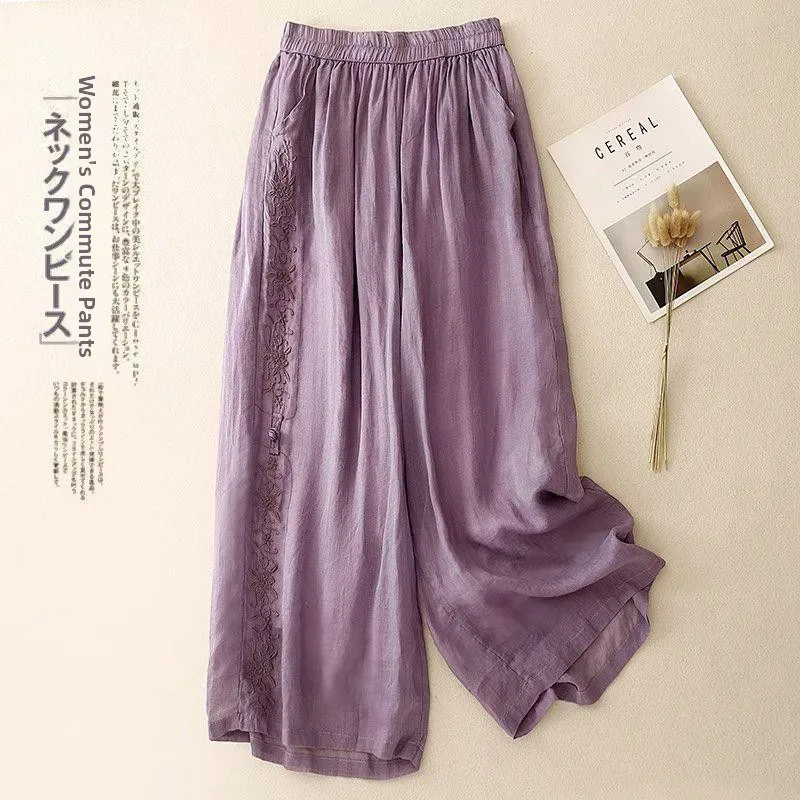 Ele Nine-Foot Wide Leg Pants for Women Cotton Linen Loose Drapey Embroidered Casual Trousers Spring Summer New Sle Retr...