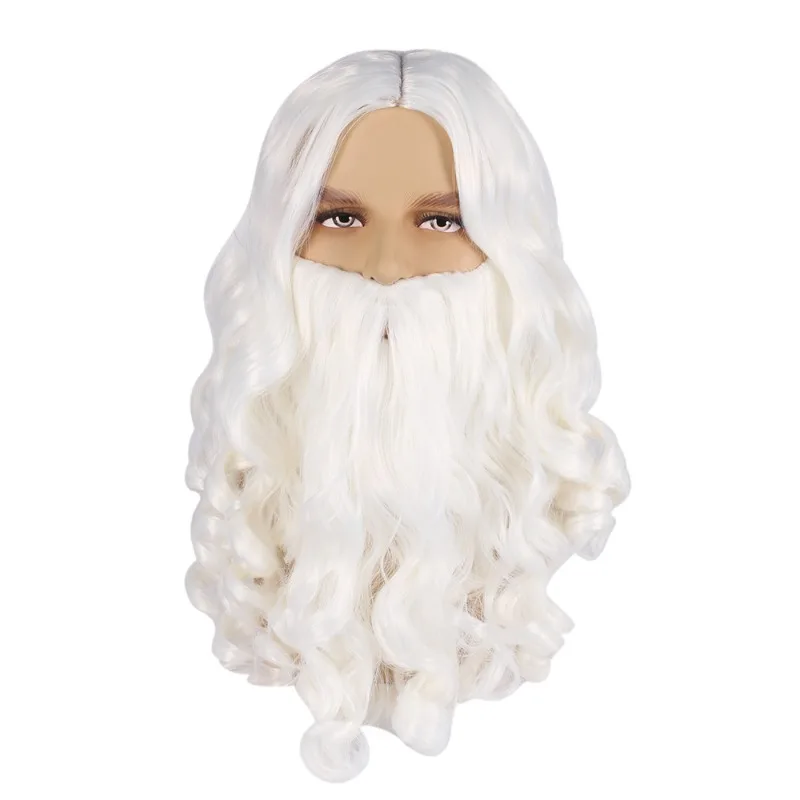 Christmas Cosplay Synthetic Wig Long Hair White Santa Claus Beard Wig Unisex Men Women Party Dress Up Accessories