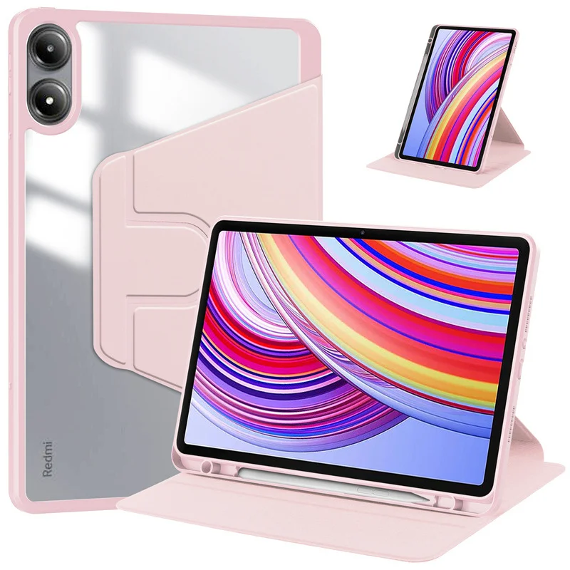 For Xiaomi Redmi Pad 2 Pro Case Rotating Stand PU Leather + TPU + Acrylic with Pencil Holder - Pink