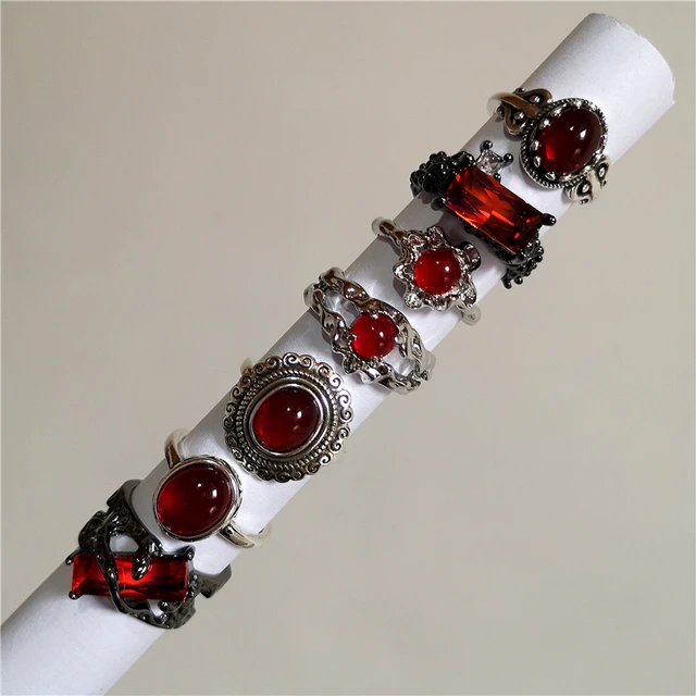 Vintage Y2k Gothic Red Crystal Glass Irregular Geometry Aesthetic Open Rings For Women Punk Creative Grunge Biżuteria Akcesoria