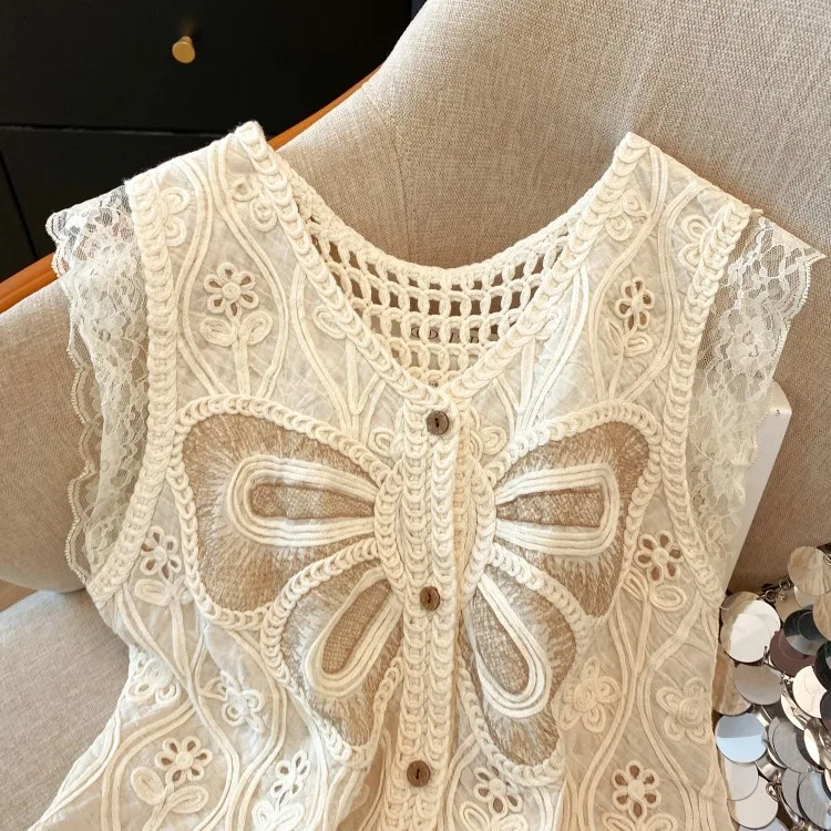 ฤดูร้อนปักเสื้อผู้หญิงแขนกุดดอกไม้ Hollow Out เสื้อ V คอ Patchwork ลูกไม้ถักเสื้อกั๊กเสื้อสเวตเตอร์ถัก