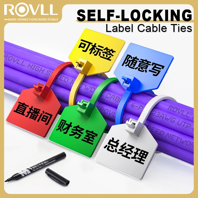 ROVLL Nylon Cable Ties with Tag Label 3x100mm Self-Locking Zip Wire Identification Marker Cable Management Plastic Loop 50PCS