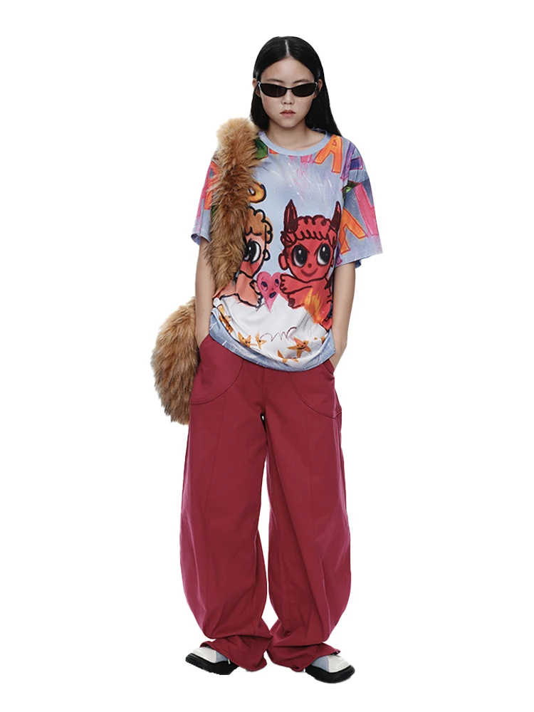 Retro Style Banana Print High Waist Jeans New Arrival Dragon Fruit Color Women's Comfortable Stretchy Casual Trousers