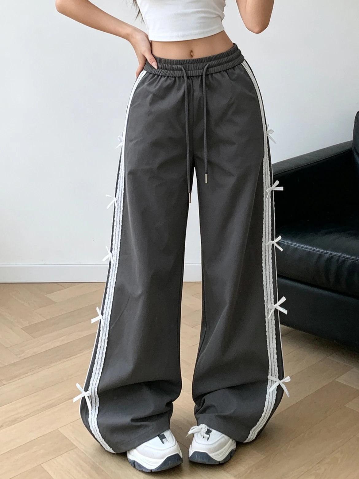 Women Early Fall Y2K Loose Pants Lace Trim Bow Decor Solid Cute Gyaru Back to School Casual Daily Date Wear