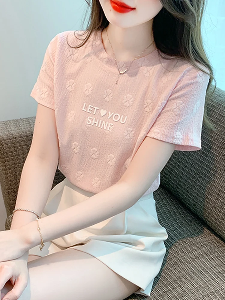 Bawełniana koszulka z nadrukiem liter, damska, letnia, nowa, z okrągłym dekoltem, odsłaniająca ramiona, odpowiednia, modna, młodzieżowa bluzka.