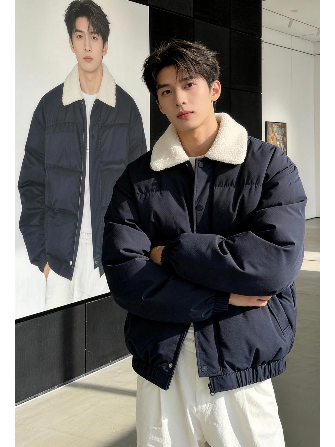 

Thiened ort Cotton Jaet Men's Warmth Lamb Velvet Bread Sle Coat Stand Fit Casual Wear Winter Outerwear