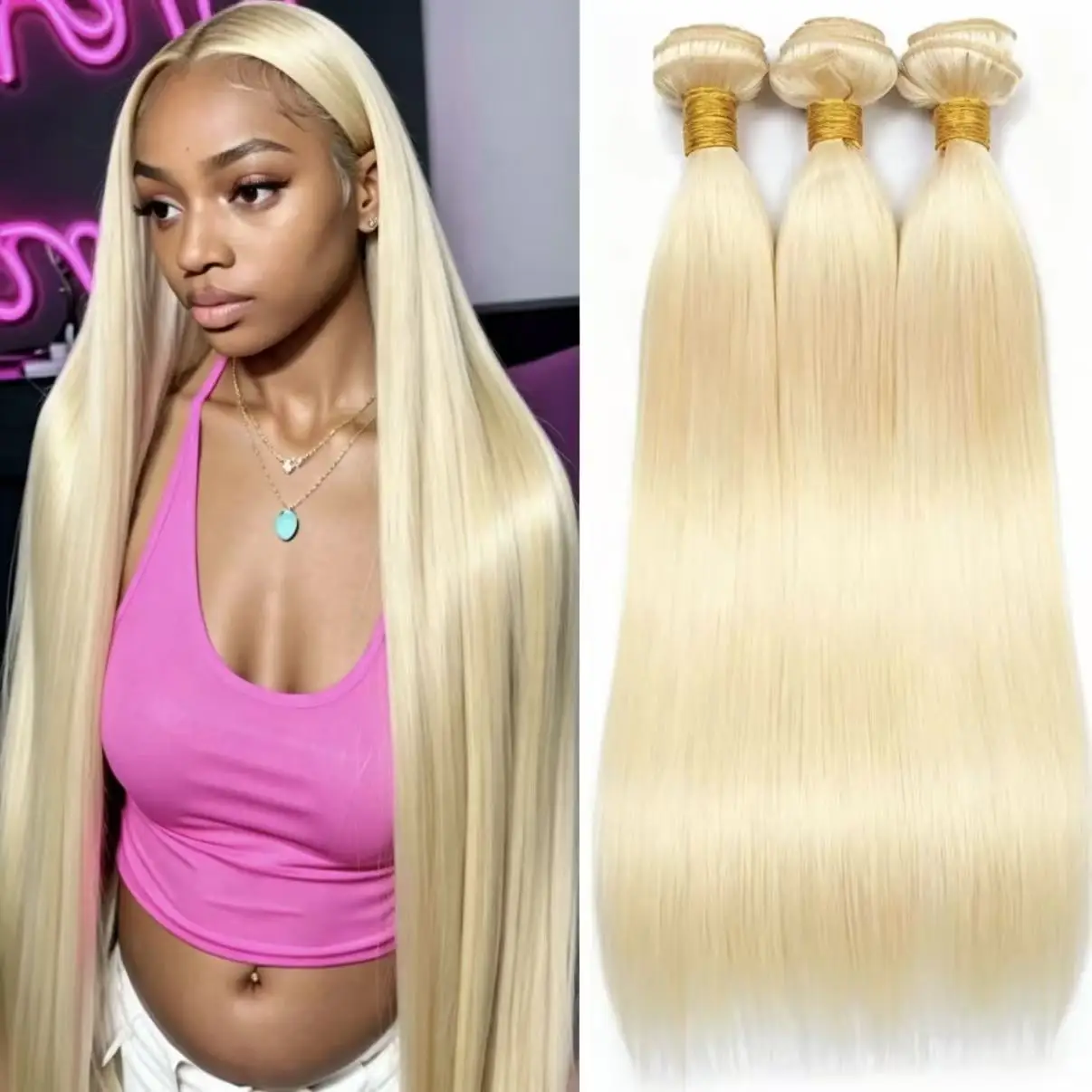 613 Bundles Human Hair Straight 1 3 4 Bundles Deal Smooth Brazilian Human Hair Bundle 30 32 34 36 38 Inch Long Honey Blonde Colored 100% Human Hair Extensions For Women