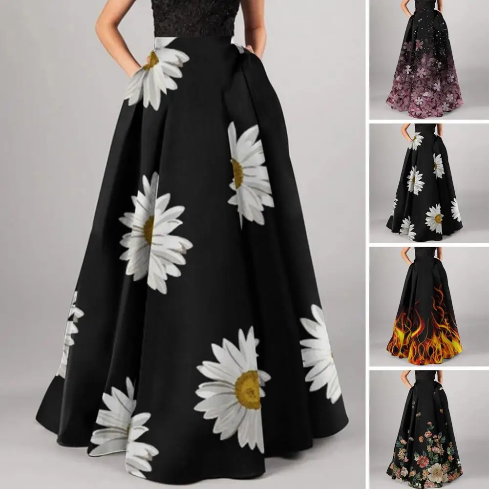 

Women High Waist Skirt Flower Print Women's Maxi Skirt High Waist A-line Soft Bohemian Style for Party Prom Beach Big Swing