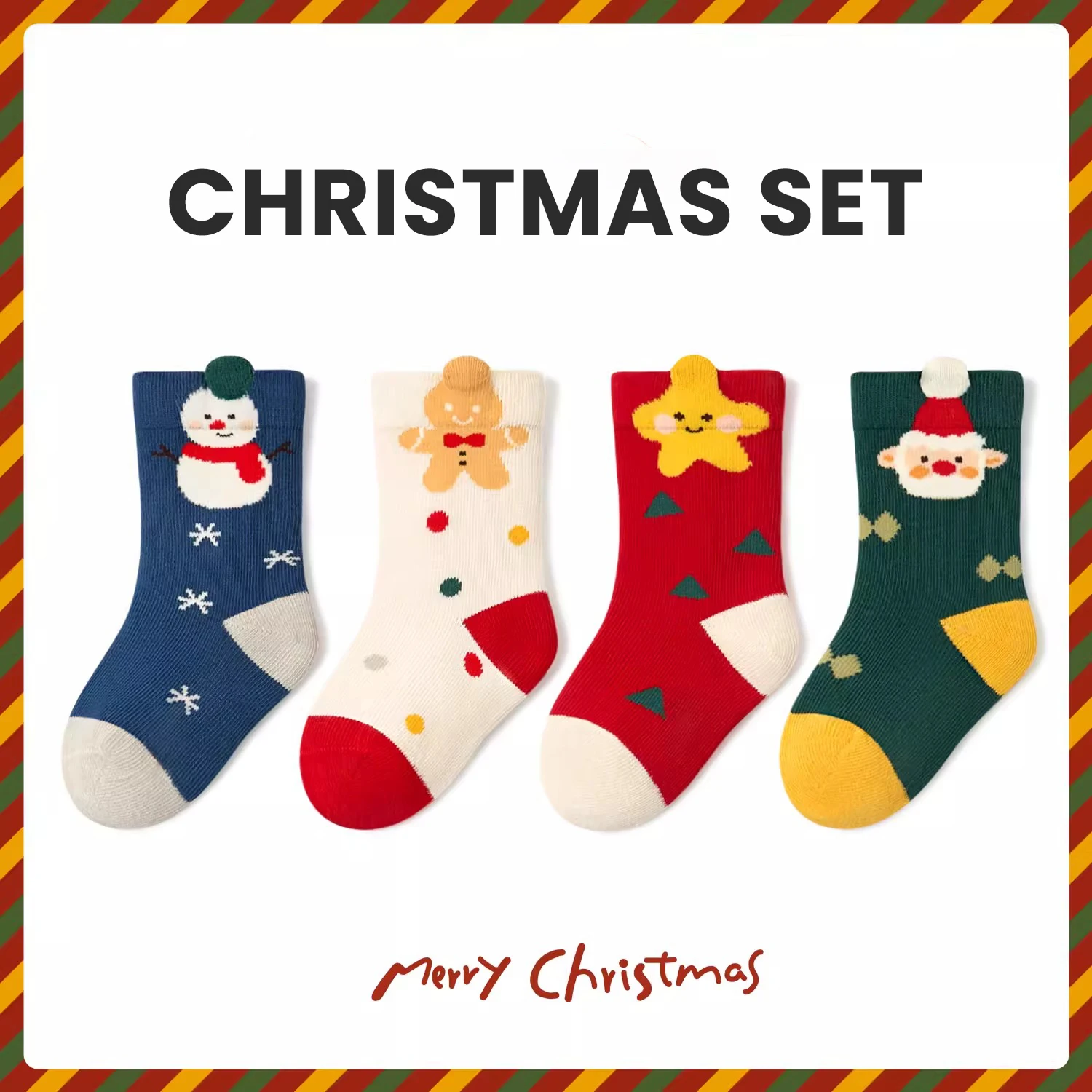 4Pairs Junior In tube Sock Cartoon Reindeer Christmas Gifts Joyful Red Soft and Comfortable High Elasticity Sock Breatha1-8Years