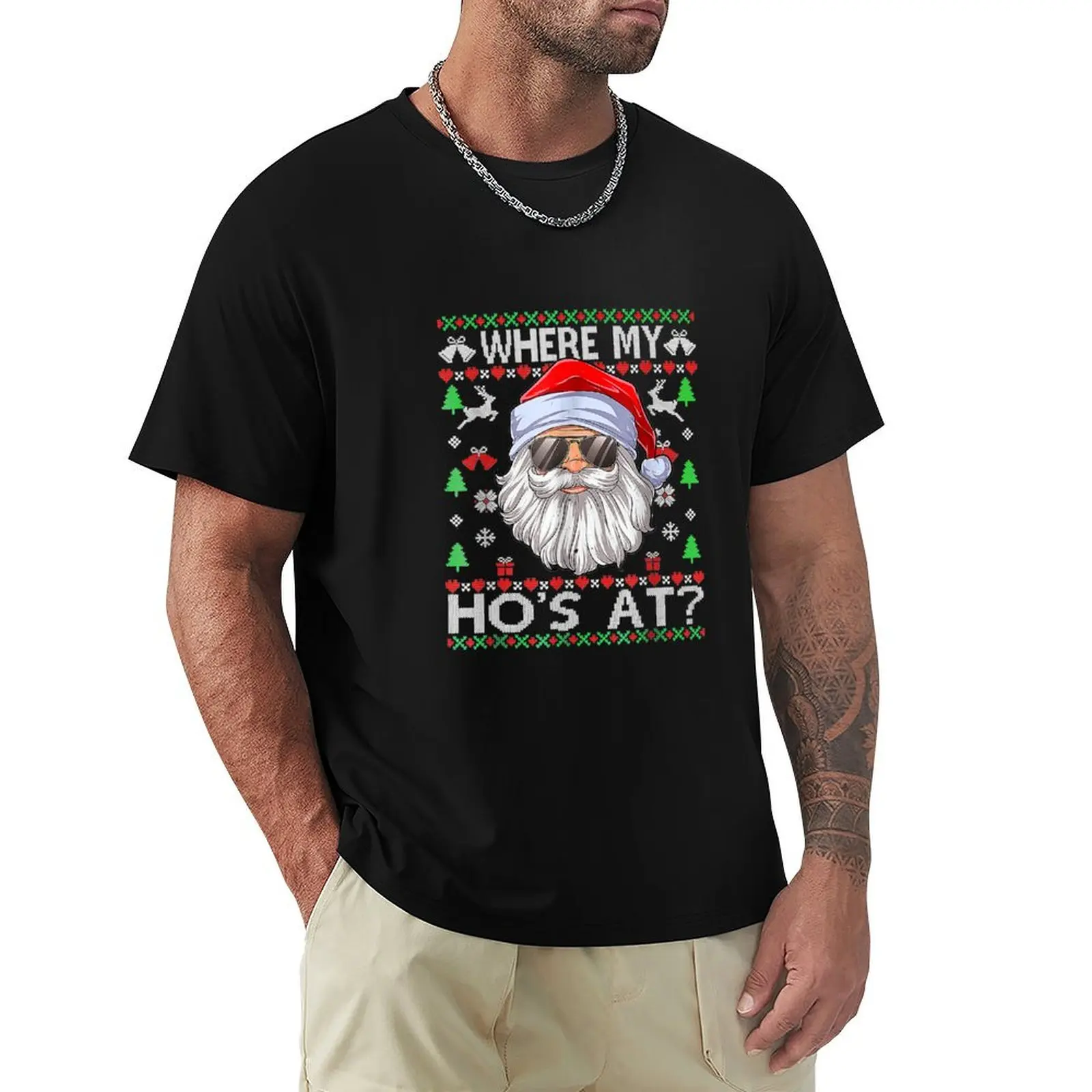 Where My Hos At Ugly Christmas Sweater Style T-Shirt cute tops vintage graphic tee animal prinfor boys anime shirts men