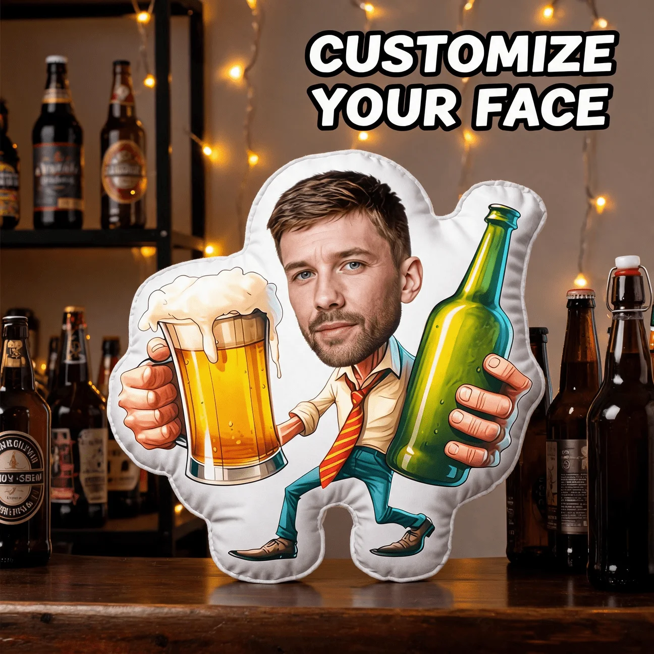 Custom Funny Face-Shaped Pillow, Personalized Photo Man Holding Beer & Bottle Decorative Cushion, Unique Home Decor Accent for S