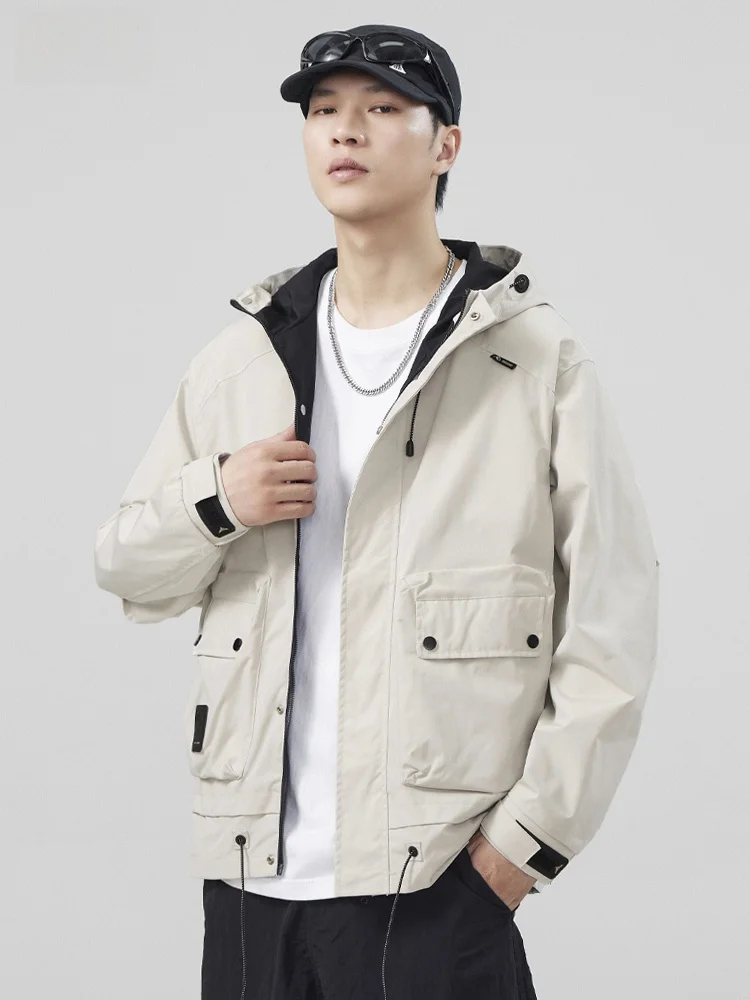 Jaqueta Masculina para Escalada ao Ar Livre, à Prova de Vento e Água, Estilo Jovem, Fibra de Poliéster, Com Capuz e Fecho de Zíper