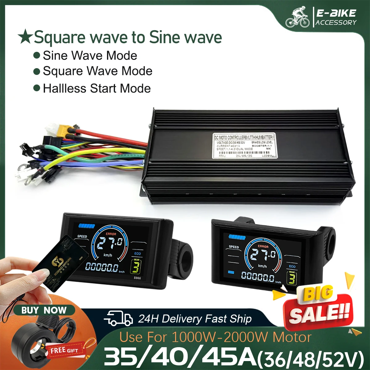 

Electric Bicycle 35A 40A 45A Three-Mode Sine Wave Controller with Color LCD S966 NFC Display For Electric Bike Kit Accessories