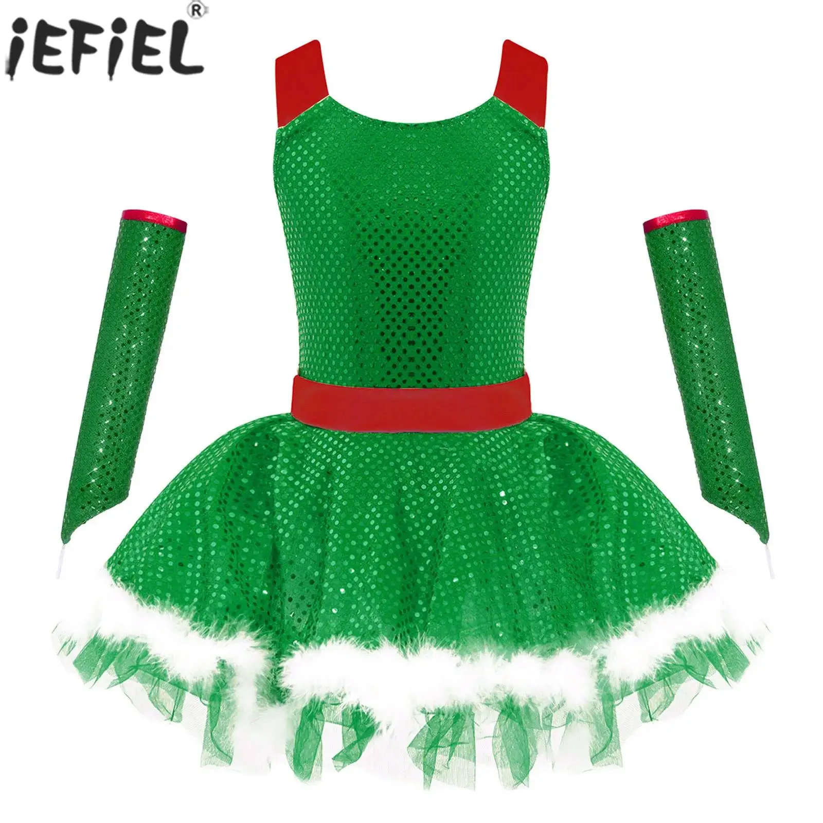 

Детское рождественское платье-пачка с блестящими пайетками для девочек, балетное платье-пачка, костюм Санта-Эльфа, гимнастика, фигурное катание, одежда для латинских танцев