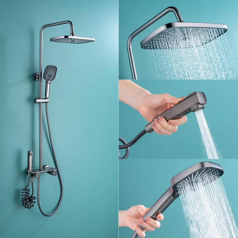 Bathroom Rain Shower System double bracket Combo 3-Setting Handheld Shower Bathroom Shower Faucet Set with Slide Bar Gun Gray