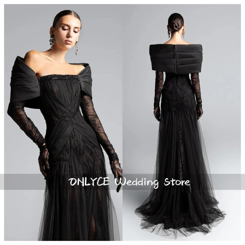 Vestido de noite de tule preto moderno personalizado fora do ombro mangas compridas vestido de baile requintado ocasião especial