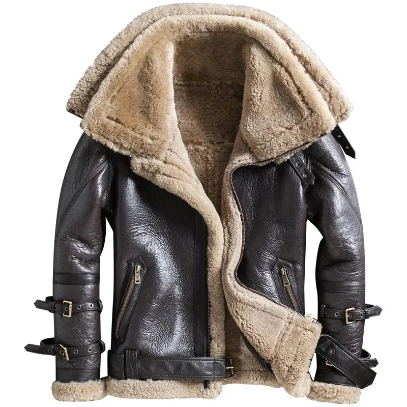 New Winter Thicker Fur One Genuine Leather Coat Men's Double Collar Sheepskin Jacket Locomotive Male Air Force Suit