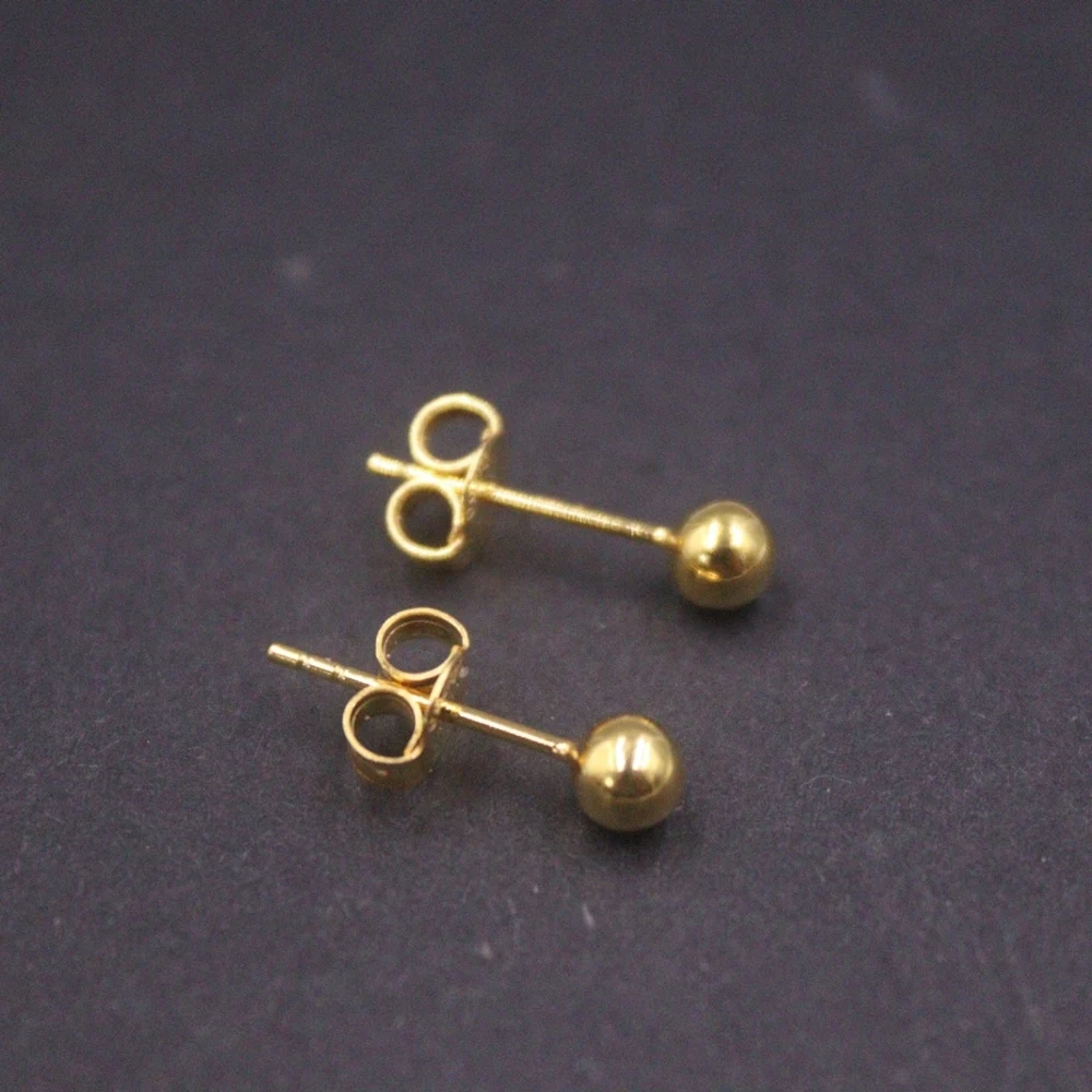 Real Pure 18K Yellow Gold Stud Women Lucky 4mm Smooth Glossy Bead Ball Earrings 1-1.1g