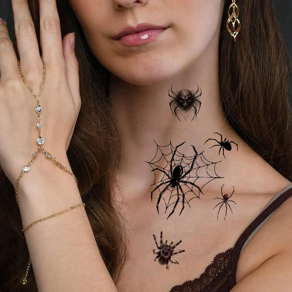 10 adesivi per tatuaggi temporanei di Halloween per donne uomini tatuaggi finti con ragnatela impermeabile per trucco viso e corpo