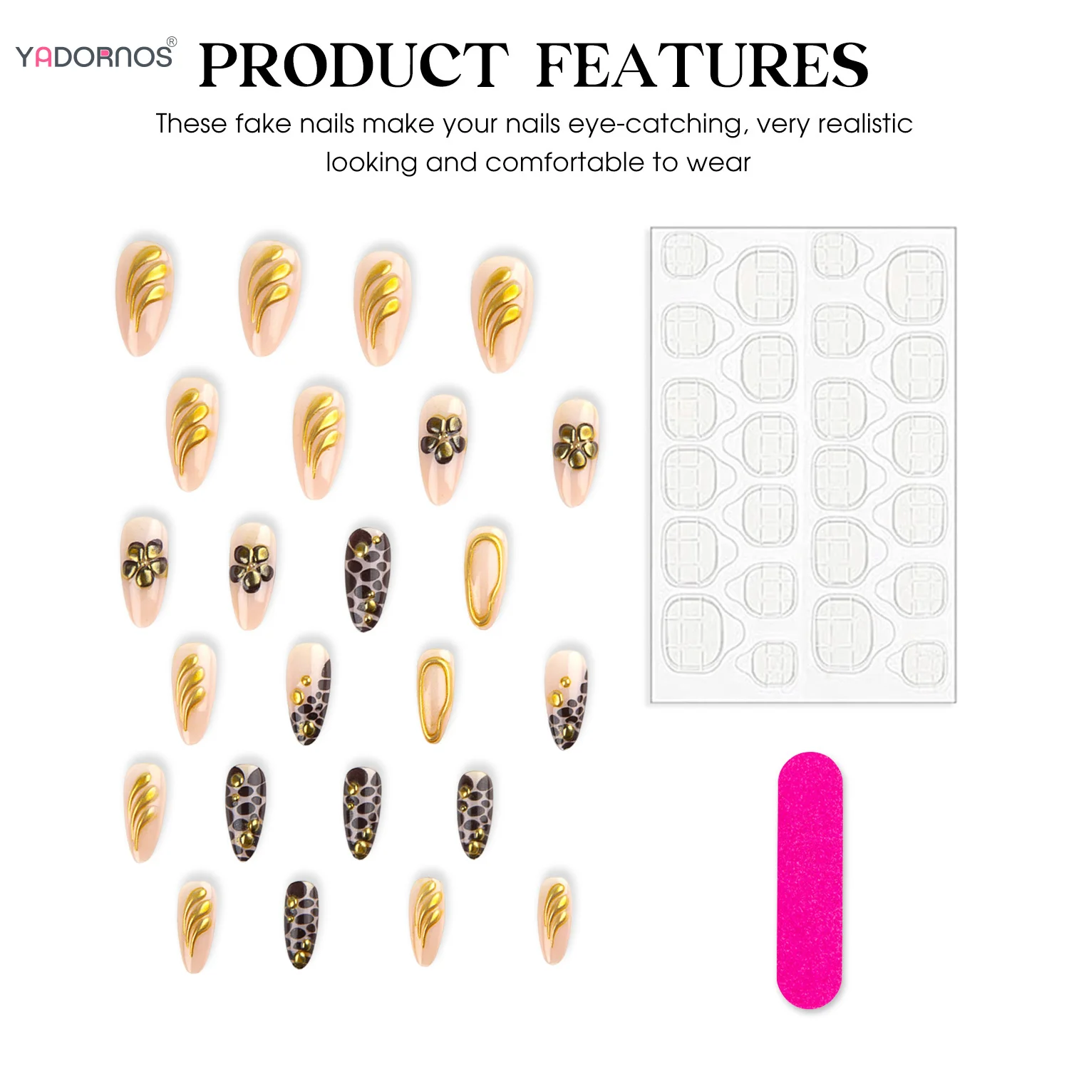 3D Amêndoa Patches unhas falsas, flor marrom, impressão de leopardo, imprensa sobre unhas, desenhos Gold Strip, unhas falsas dicas, Wearable Manicure, 24pcs