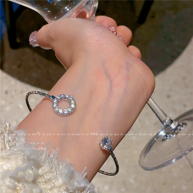 CC Cuff Bracelet Asymmetry Round Shape Silver Color Adjustable Bangle Shining Zirconia Women Accessories Trendy Jewelry J1450