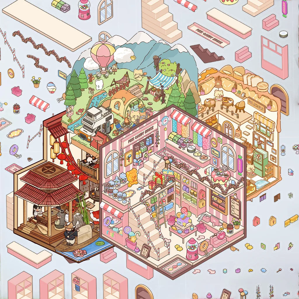 Cartoon Scenery Stickers Pink Candy House Miniature World 3D Hut Stress-Relieving Stickers for Hand Account AnimeWorlds Store