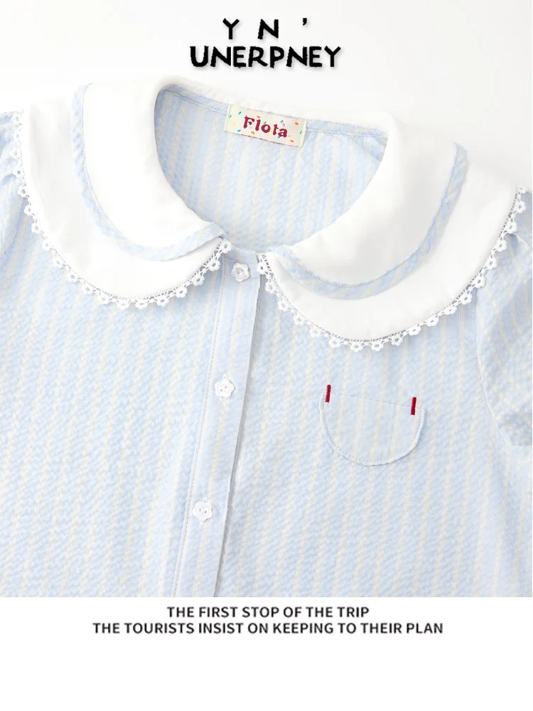 Colletto per bambola a righe blu ort Sve irt Faion da donna Estate 2025 Simpatico top giapponese Sle Cact Size