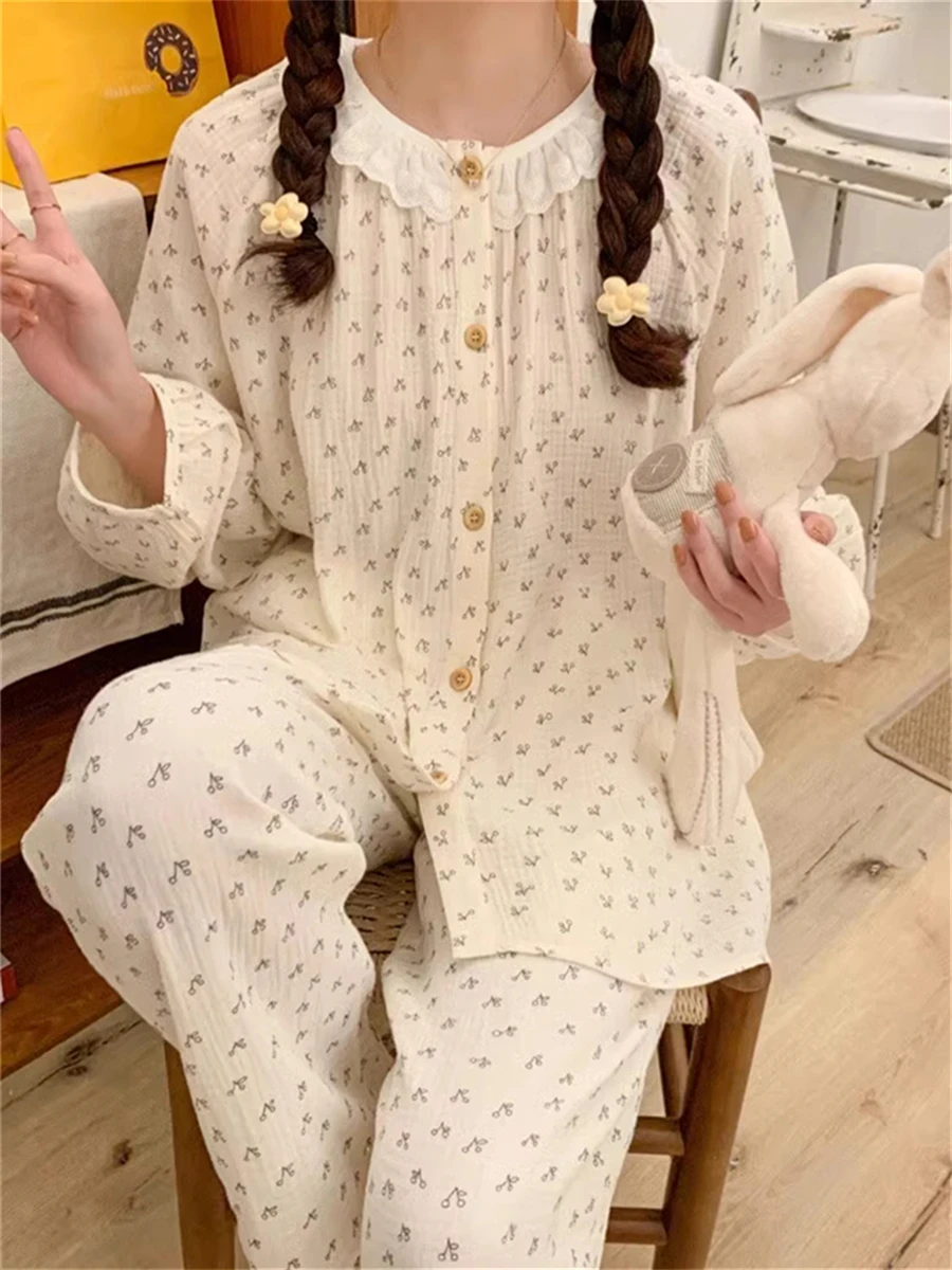 

8911 Cotton Pajamas Women's Spring and Autumn Korean Sweet Small Floral Students Can Wear Long-Sleeved Cardigan Home Clothes Set