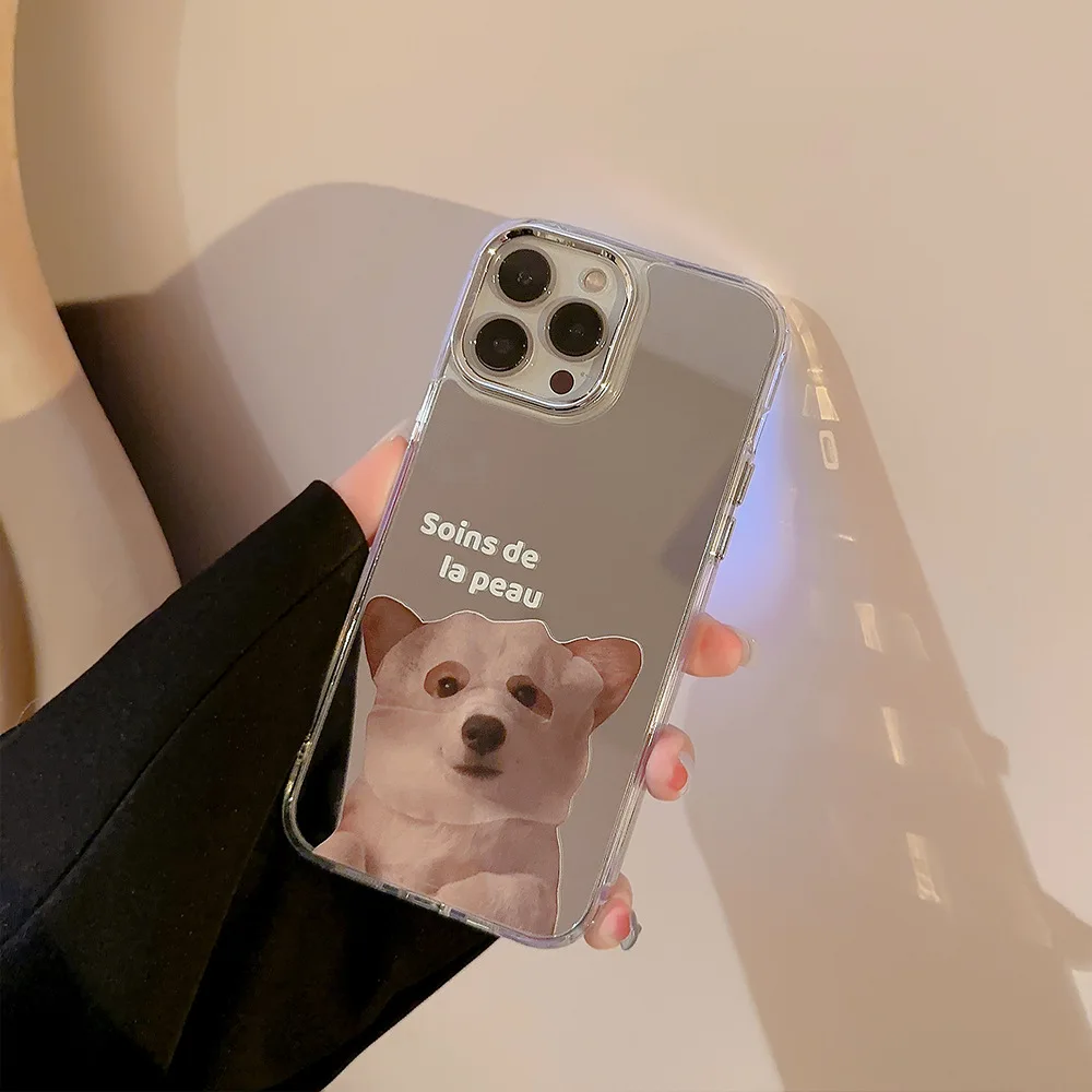 Mask Cat and Dog Mirror Case for IPhone 15 Plus Girl 13 Pro Max Niche 12 Cute 11 Animal 14 Ins Creative Makeup Mirror Phone Case