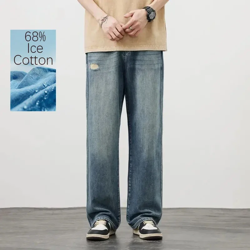 

Рваные джинсы, прямые корейские брюки, модные повседневные свободные широкие дышащие джинсовые брюки, уличная одежда, мужские летние брюки, роскошные джинсы
