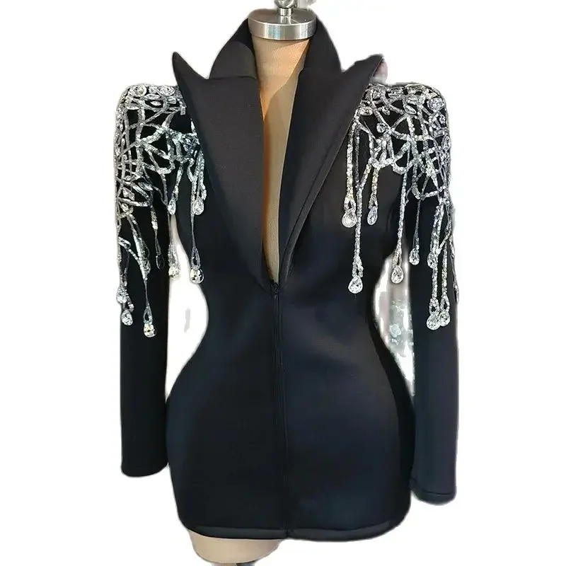 Błyszczące Perłowe Srebrne Kryształki Głęboki Dekolt w Serek Damskie Dopasowane Kombinezony Kostiumy Drag Queen na Imprezę Urodzinową Krótka Sukienka