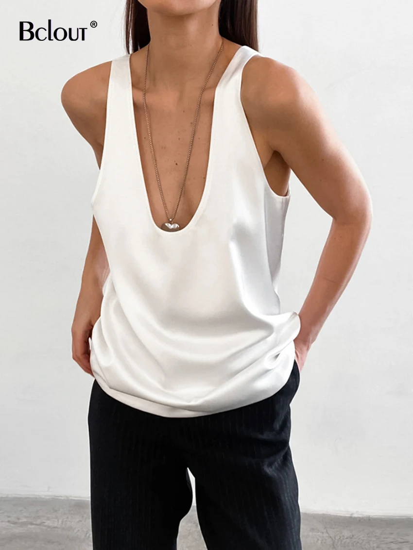 Bclout Summer Loose Solid Tops Vests Women 2024 Fashion U-Neck White Sleevless Tops Casual Pullover Sexy Party Tops Female Vests