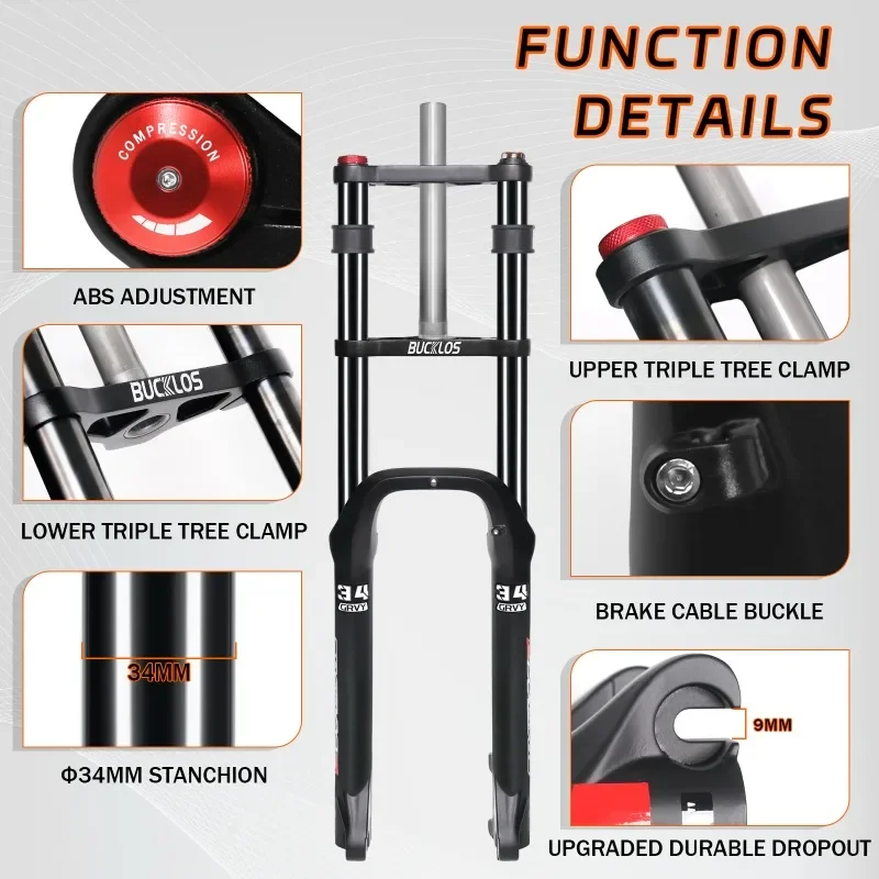 BUCKLOS مزدوجة الكتف دراجة الجبهة شوكة 26*4.0 الكهربائية الدراجة الجبلية تعليق الشوك 180 مللي متر السفر أنبوب الثلوج الشاطئ الشوك #6