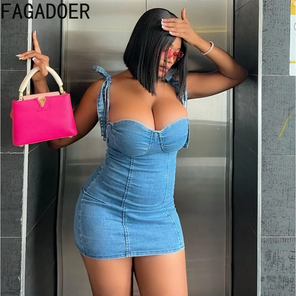 

FAGADOER Summer New Hot Girl Denim Suspenders Dresses Women Low-cut Strap Bandage Bodycon Mini Dress Fashion Cowboy Streetwear