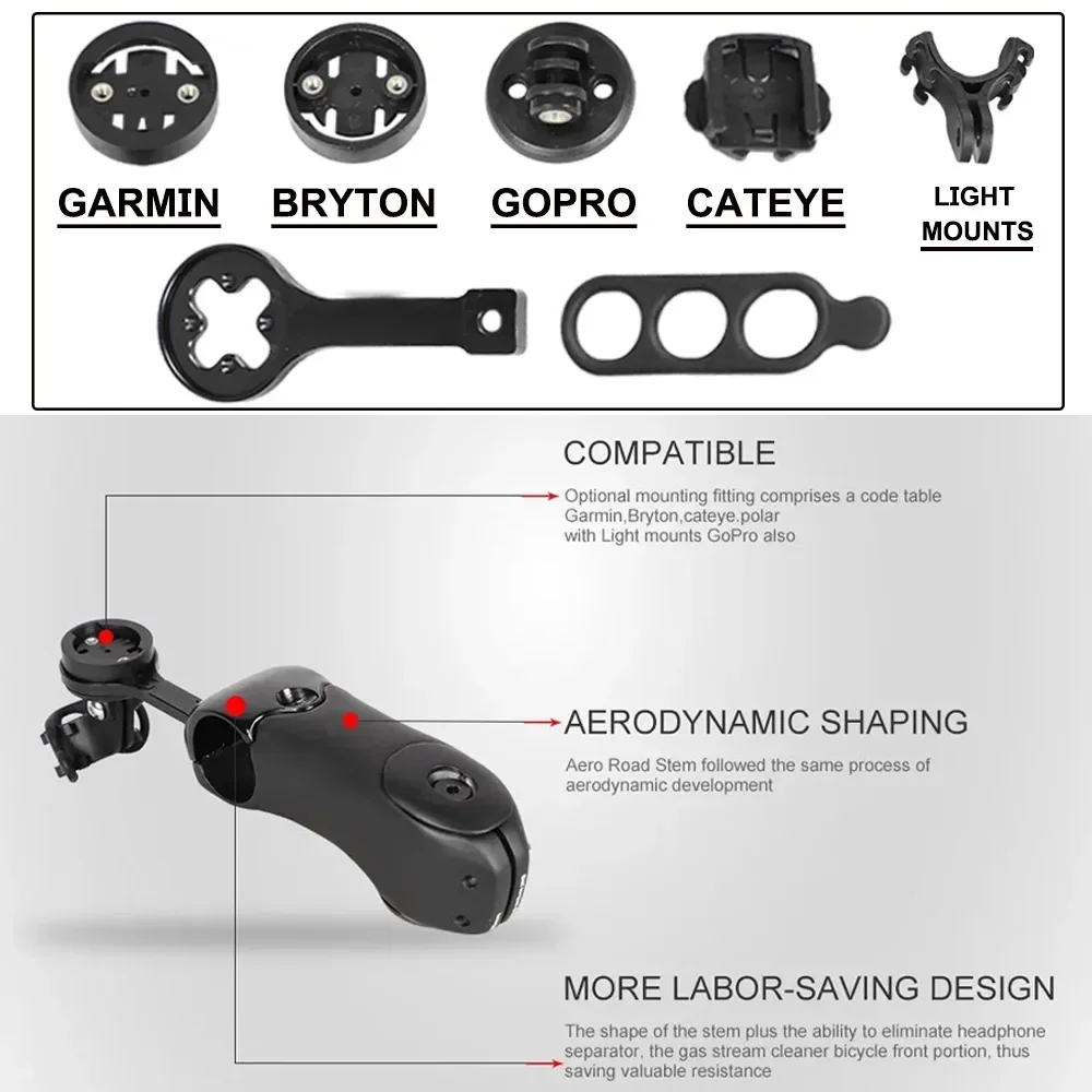 Bicycle Stem 3 Degrees Aero Stem T1000 Carbon Fiber MTB/Road Bike Carbon Stem Includes Computer Computer Mounts Adapters