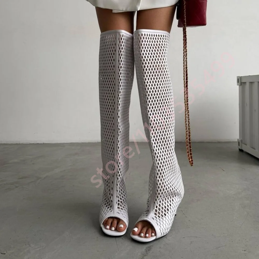 2026 Summer New Mesh Peep Toe Knee High Boots for Women Stiletto Heel Hollow Out Summer Boots Fashion See-Through Party Shoes