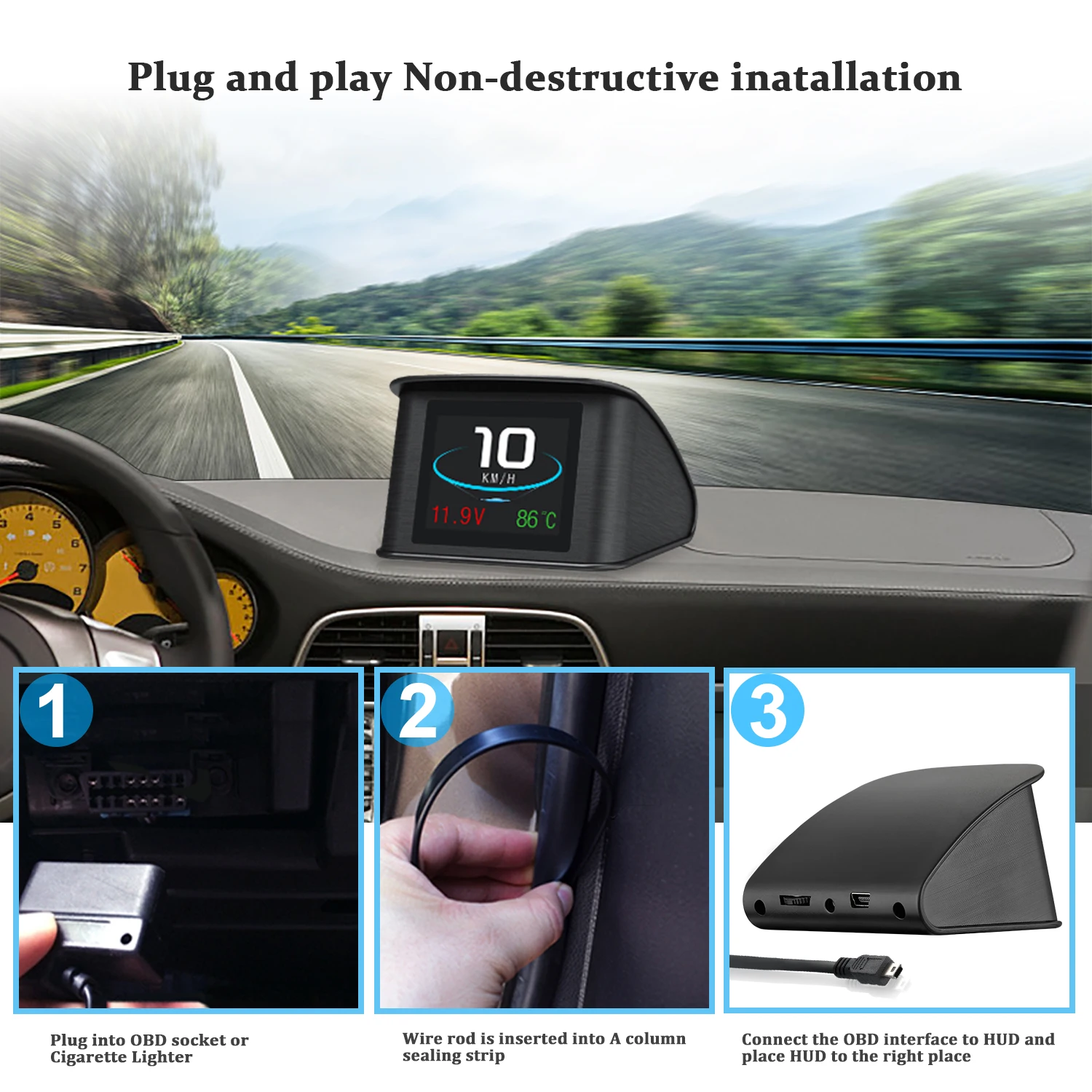 Intelligentes Auto-HUD-Head-Up-Display, tragbarer HD-OBD-LCD-Fahrbildschirm mit Geschwindigkeitsalarm, Wassertemperaturfunktion